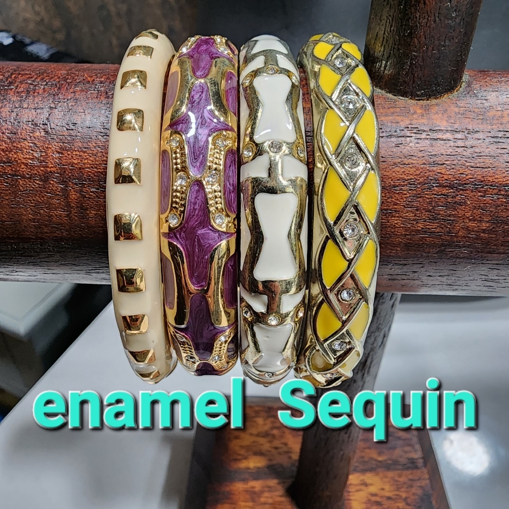 Enameled Jewelry lot 4 enamel rhinestone bracelet 2 bracelets signed Sequin